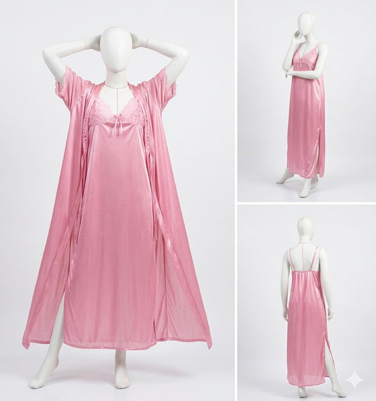 2 Pcs Premium Silk Lace Women's Sleepwear Set Inner & Gown Nightwear (Size Free Color Black)